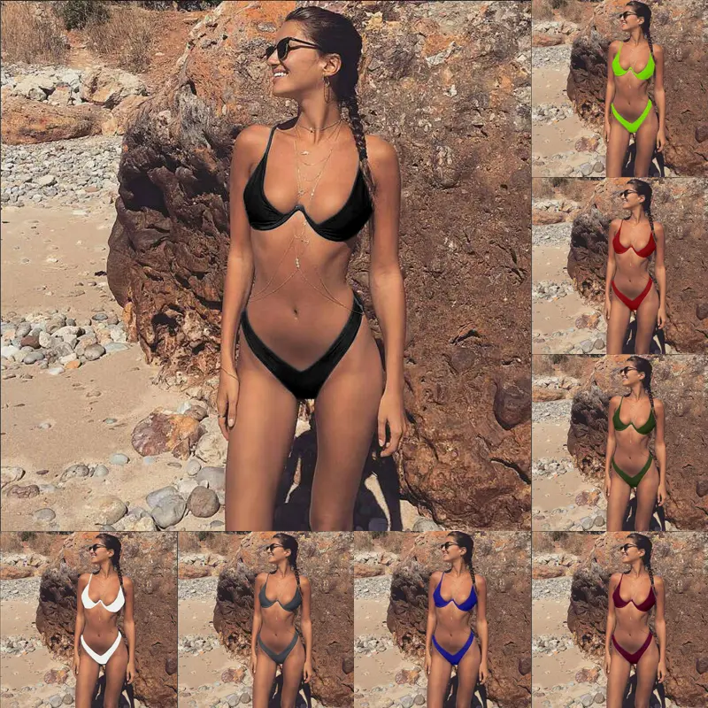 Đồ Bơi Có Gọng Màu Trơn Cho Nữ, Đồ Bơi Có Đẩy Lên Ngực Thấp, Bikini Hai Mảnh 0