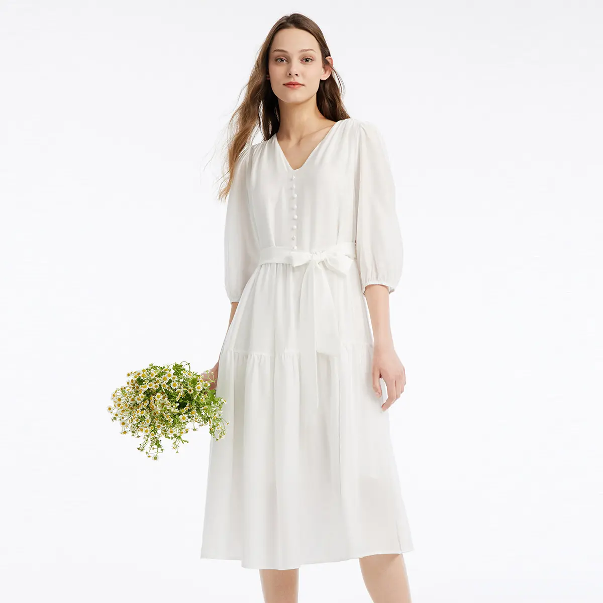 White V-Neck Gathered Waist Midi Dress white dress