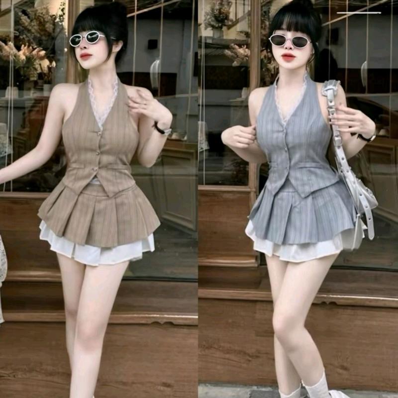 (SALE đầu năm ) sét áo cổ yếm phối ren kèm  chân váy 2 xếp ly phối dập ly trắng siêu xinh Nữ