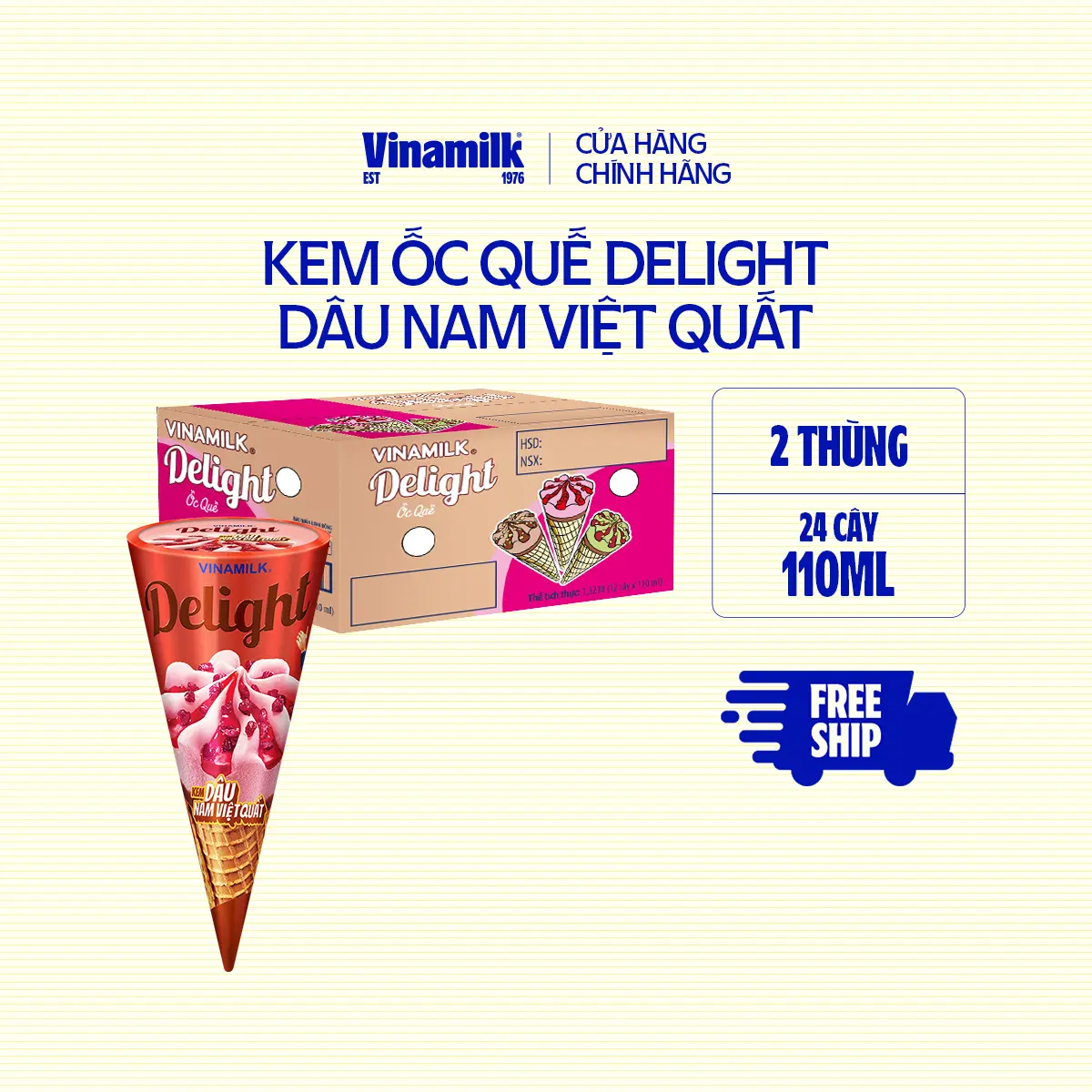 [CHỈ GIAO THÀNH PHỐ LỚN TRONG 5KM] 2 Thùng Kem Ốc Quế dâu nam việt quất Delight 110ml