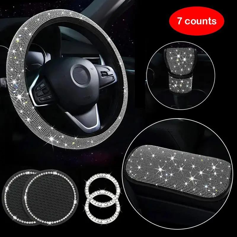 Rhinestone Car Interior Decoration Set (7pcs), Including Car Steering Wheel Cover, Armrest Box Mat, Gear Handle Cover, 2 Coaster & 2 Starting Ring 0