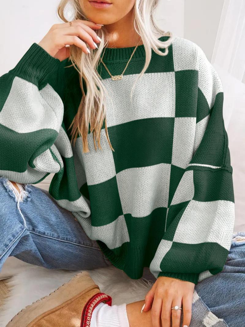 Product Introduction of Women's Plaid Print Drop Shoulder Sweater, Casual Long Sleeve Round Neck Jumper for Fall & Winter, Fashion Ladies' Knitwear for Daily Wear, Going Out Tops 14