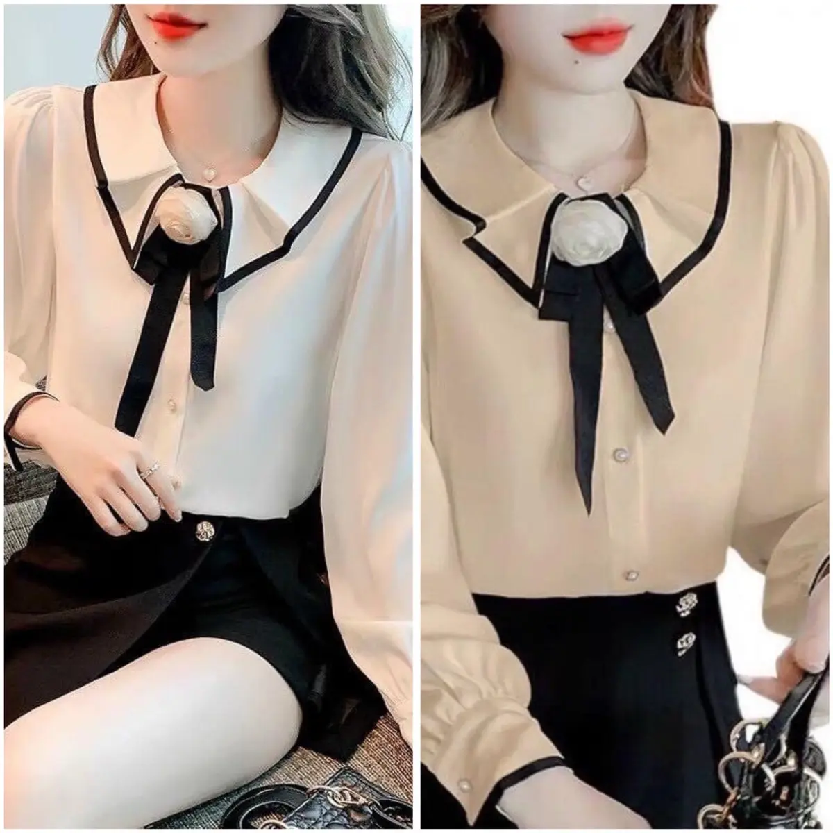 Áo Sơ Mi kiểu nữ tay bồng cổ gắn hoa (Hoa Cổ)
