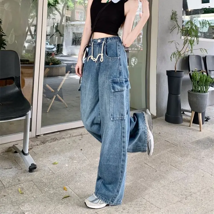 Celana Kerja Jeans Wanita Dengan Tali Serut Dan Banyak Kantong Denim Fit 3