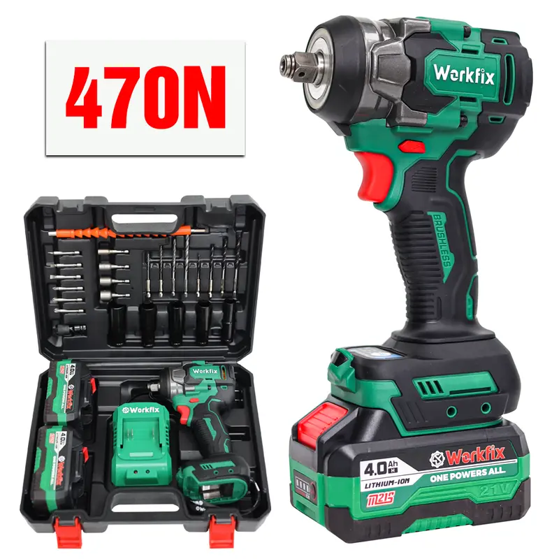 [ Tặng 25 phụ kiện] Máy Siết Bulong Workfix 470N.m - Đa Năng 2 In 1 - IW470NBL - Motor Brushless - Chân Pin Phổ Thông 2 Pin 21V/4Ah - Bảo Hành Chính Hãng 0