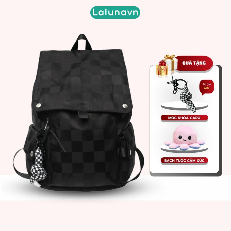 Balo kẻ caro 2 màu sức chứa lớn đựng máy tính phiên bản Hàn Quốc tặng kèm móc caro mèo B150(Tặng bạch tuộc cảm xúc)