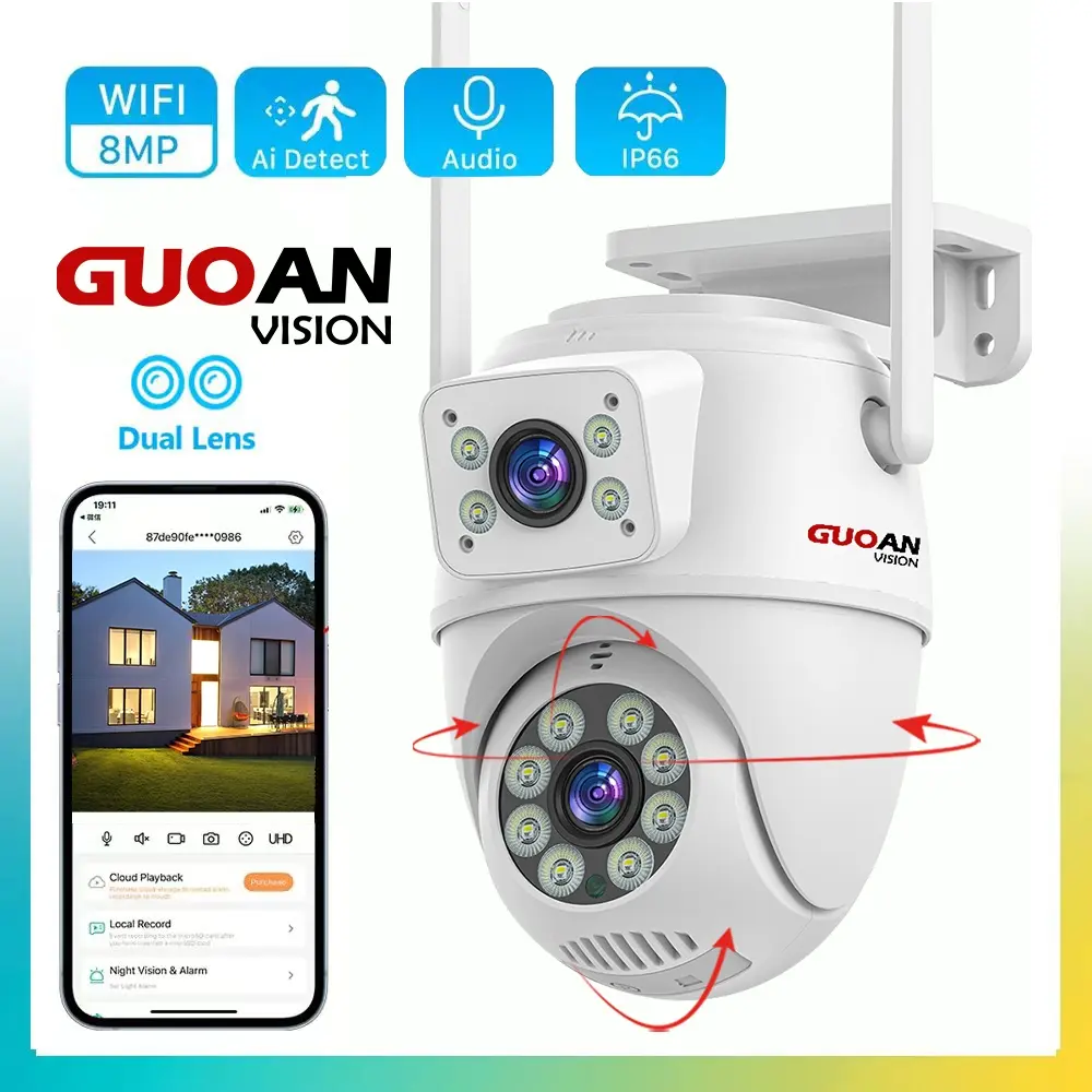 Camera CCTV, Tầm Nhìn Guoan, 8MP, Độ Phân Giải 4k, IC Nhìn Thấy, Không Dây, Chống Nước Ngoài Trời, Ống Kính Kép, Tầm Nhìn Ban Đêm, AI Và Tính Năng Con Người