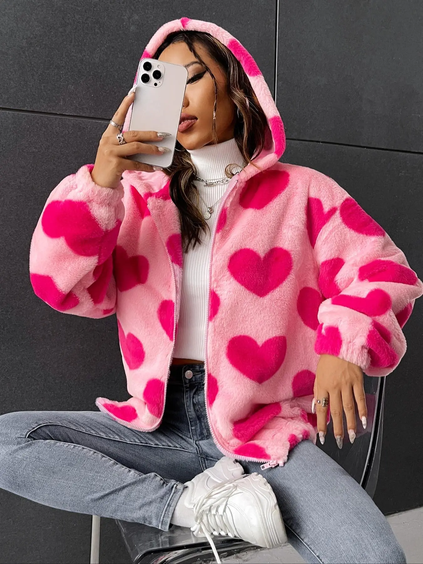 Unisex's Heart Print Drop Shoulder Zip Up Flannel Hooded Jacket, Fashion Casual Long Sleeve Thermal Lined Hooded Outerwear for Daily Outdoor Wear, Unisex's Clothing for Fall & Winter