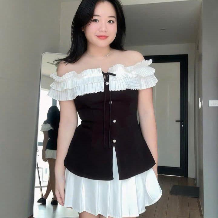 Set áo kiểu trễ vai cột nơ xinh xắn phối chân váy ngắn xếp ly Cao cấp - S14