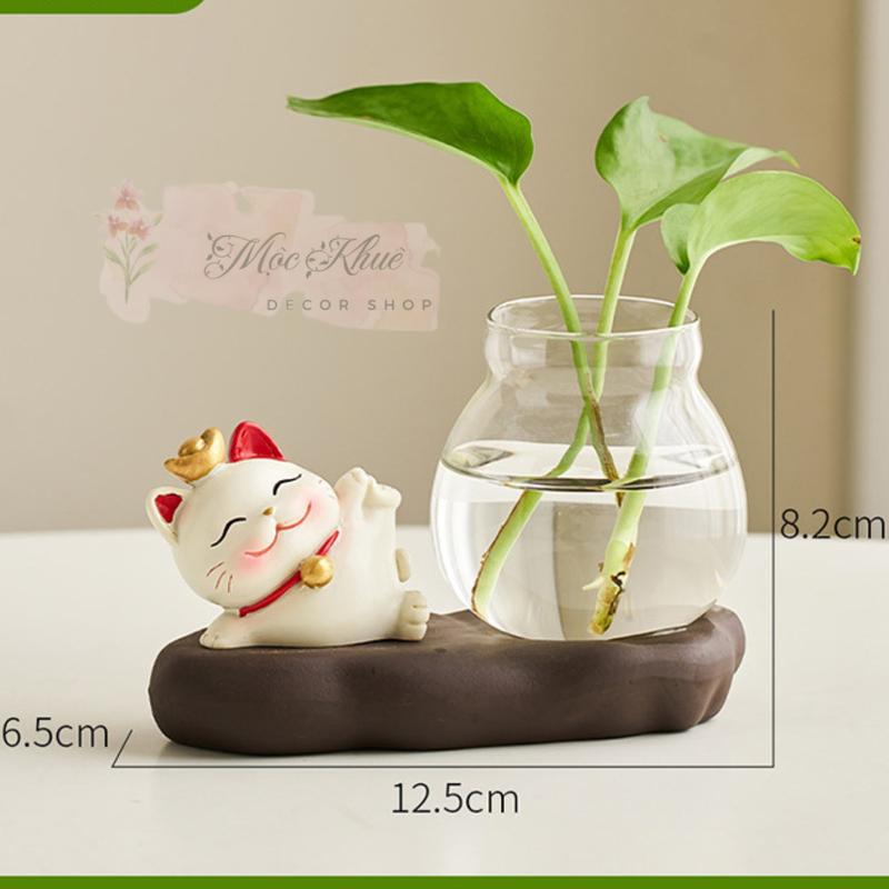 (Mộc Khuê Decor) - (KHÔNG KÈM CÂY) Bốn Chú Mèo Thần Tài Mini Kèm Bình Thủy Sinh Trồng Cây Biểu Cảm Dễ Thương Để Bàn Trang Trí Góc Làm Việc Decor Thủy Tinh Decor Phòng Trang Trí Nhà