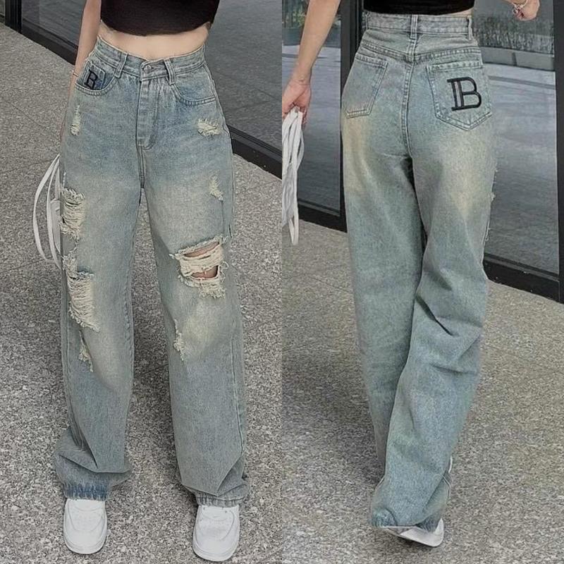 [ ZINLY SHOP ] Quần Jean Nữ Ống Suông Cạp Cao Túi Thêu Chữ Rách Gối QQ160