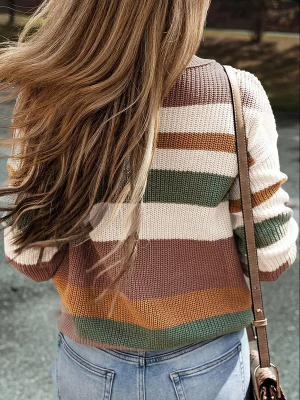 Women's Colorblock Striped Print Drop Shoulder Sweater, Casual Long Sleeve Round Neck Jumper for Daily Outdoor Wear, Ladies Knitwear for All Seasons 1