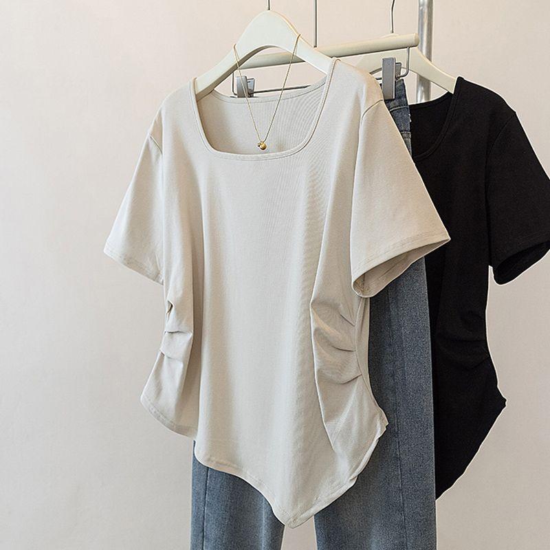 Product Introduction of Quần Áo Nữ Cotton ngoại Cỡ Ins-2024-Ins, Áo Thun Ngắn Tay Dáng Rộng Và Bất Đối Xứng Mùa Hè Cho Cô Gái Đầy Đặn Áo Dài Qua Gối Cổ Vuông Mới OOTD 8