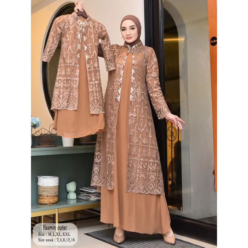 AKS> Gamis Yasmin Outher Lepas Pasang / Gamis Busui Friendly / Gamis Outher Couple Ibu dan Anak / Gamis Modern Couple / Gamis Kekinian /  Couple / Gamis Anak / Gamis Dewasa / Premium Muslim/ Baju Panjang Kondangan Pesta Lebaran / Kombinasi Payet 7