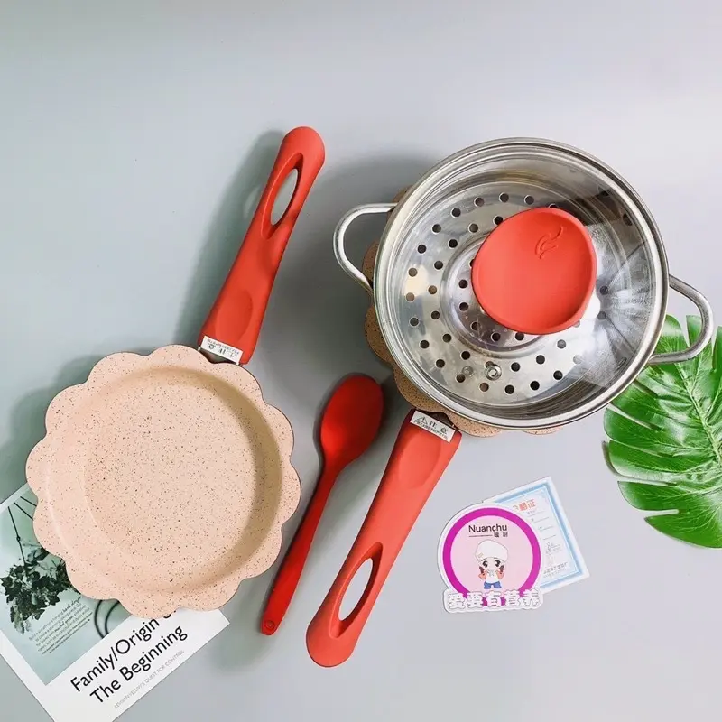 ( Sẵn Hàng ) Bộ Nồi Chảo Đá Hoa Cho Bé Ăn Dặm Cao Cấp Kèm Xửng Hấp Chống Dính Dùng Được Bếp Ga Từ Hồng Ngoại Mamabu 5