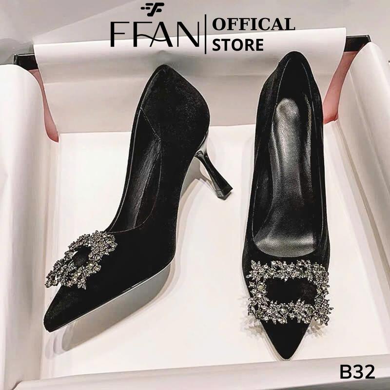 Giày cao gót nữ  da lộn mềm mại  mũi nhọn B32 FFAN STORE  gót nhọn bít mũi 5 7 9 phân màu đen đính đá 