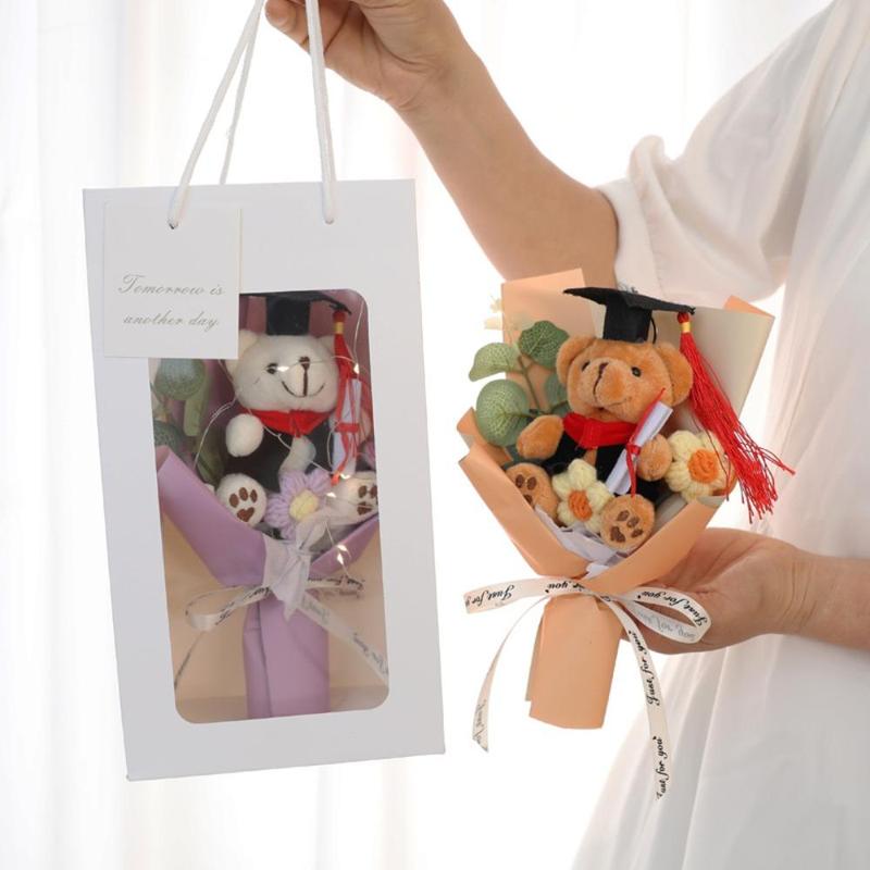 Cute Bear Design Graduation Themed Bouquet, 1 Count Handmade Woven Flower Bouquet, Home Decor for Graduation Party, Valentine's Day Gift Idea 7