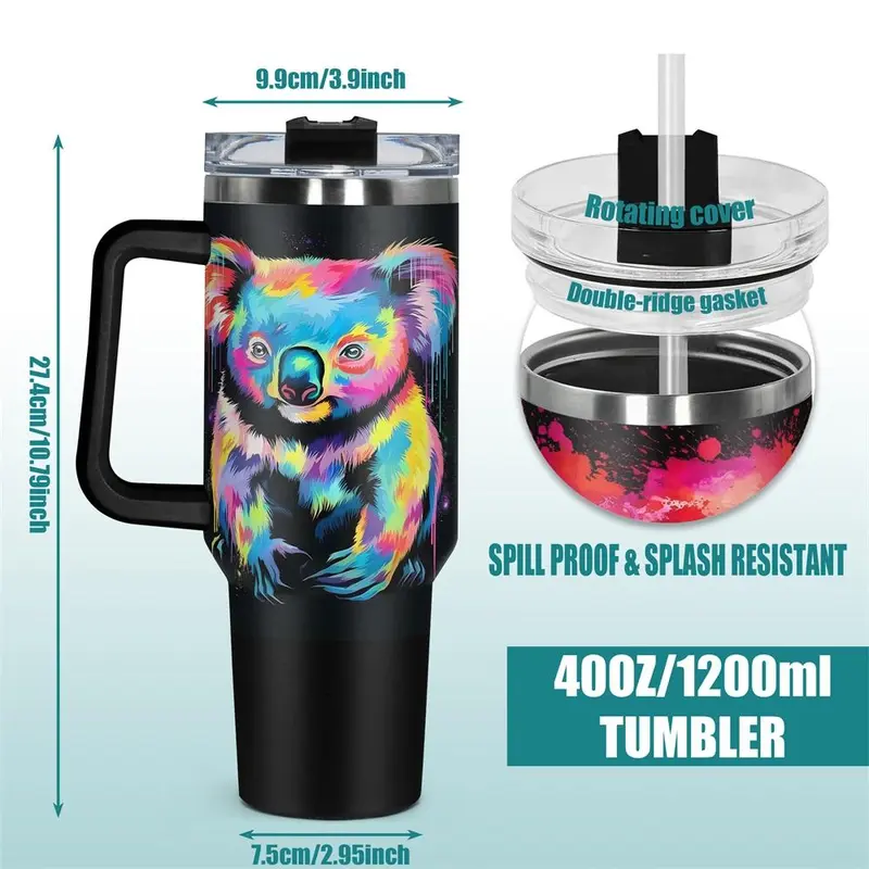 40oz Tumbler with Lid, 1 Count Colorful Koala Pattern Stainless Steel Water Bottle, Insulated and Durable, Gift for Any Occasion, Drinkware 1