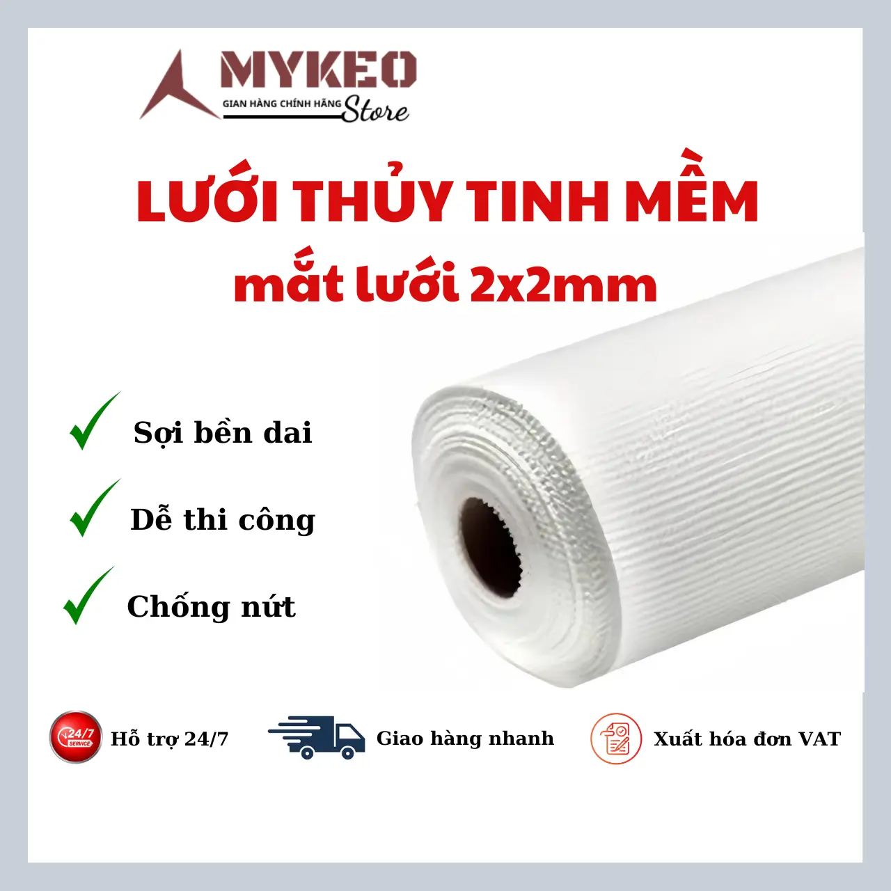 (Nguyên cuộn rộng 1m dài 30m) - Lưới thủy tinh mềm mắt 2 x 2 mm chống thấm khổ 1m