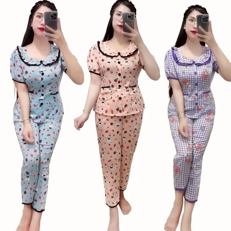 Set Đồ Nữ, Quần 9 tấc , Phom Pijama Cổ Bèo, Áo Nhấn 4 Ben Mặc Lên Phom Gọn, Chất Vải Mango Không Nhăn Mặc Hè Mát (Women Top) bộ botieuthu sét đo bo