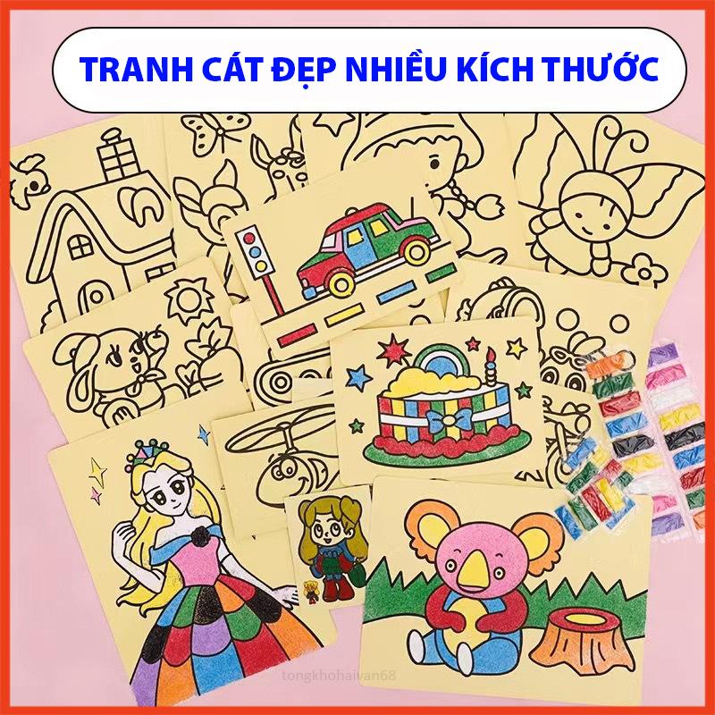 Tranh cát nhiều kích thức có sẵn cát cho bé tập tô mầu, tranh nhiều mẫu mã cho bé thỏa sức khám phá