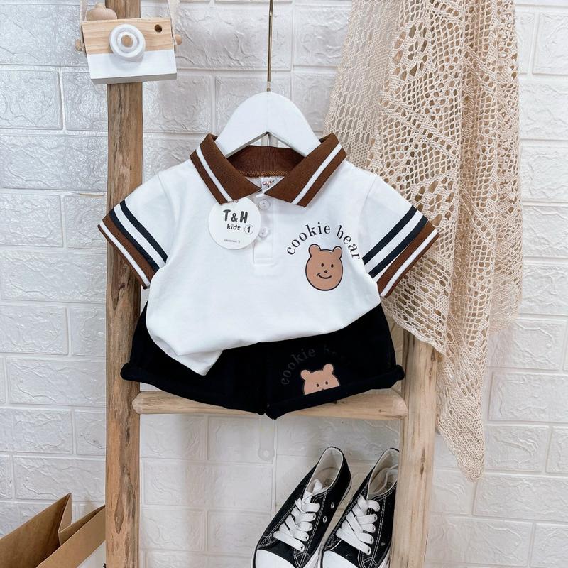 Bộ quần áo bé trai, Set Áo Thun Polo classic ngắn tay và Quần đùi logo gấu, bộ cotton mùa hè có cổ cho bé từ 7 đến 18 kg