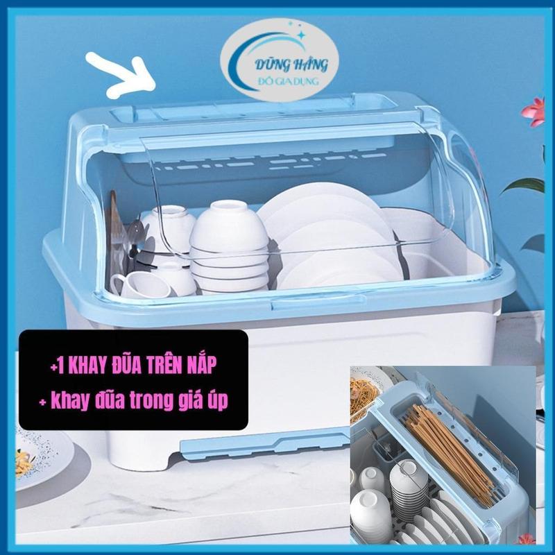 Kệ úp chén bát đĩa Ráo Nước bản nâng cấp khay đũa trên nắp loại lớn - Gíá úp bát đĩa có nắp đậy cho nhà bếp tránh bụi vi khuẩn hộp  đựng Lắp Ráp Kitchen