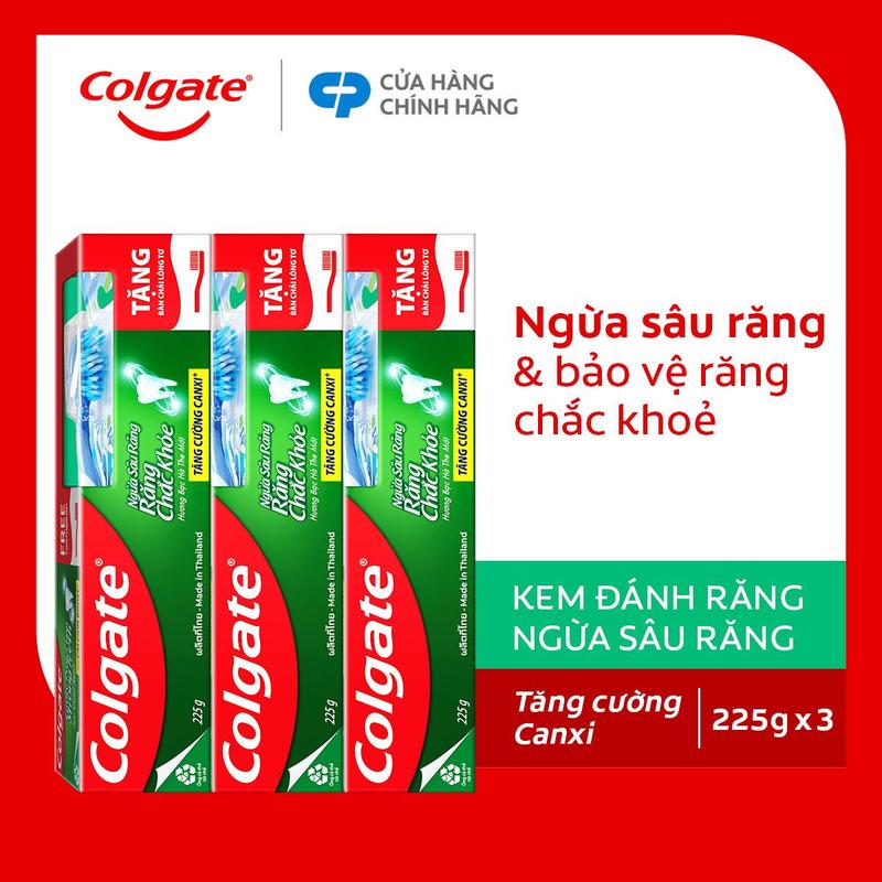 Bộ 3 Kem đánh răng Colgate hỗ trợ ngừa sâu răng răng chắc khỏe 225g/tuýp tặng bàn chải đánh răng lông tơ nhập khẩu Thái Lan
