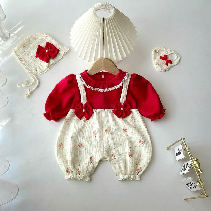 Body Liền Quần Đùi Yếm Xô Hoa Nhí Áo Lụa Tằm Đỏ Kèm Mũ Và Tất Chân Cho Bé Sơ Sinh Mặc Đầy Tháng, Thôi Nôi