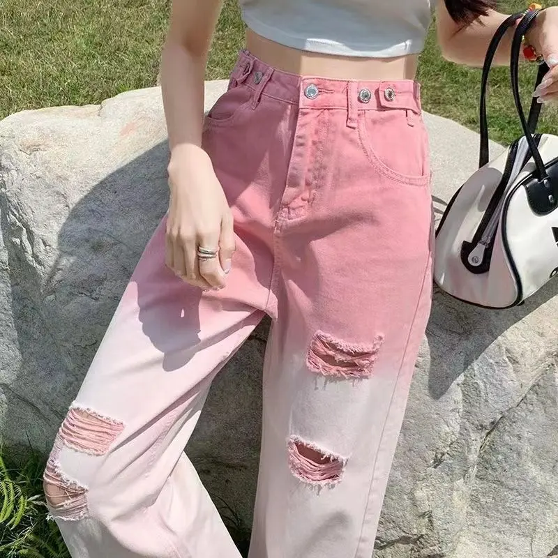 Pink Gradient Ripped Tight Waist Jeans Women's Straight Loose Slimming High Waist Wide Leg Pants Summer Thin Classic Style