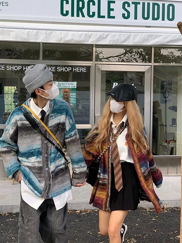 Áo Khoác Len Màu Loang Dáng Rộng Vải Lông Xoăn Phong Cách Trung Cổ Dành Cho Các Cặp Đôi Nữ Áo Len cardigan