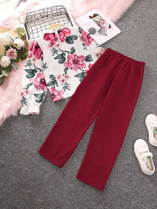 Two-Piece Set Girl's Floral Print Top & Pants Set, Casual Keyhole Neck Top & Trousers for Fall & Winter, Kids Clothes for Daily Wear 5