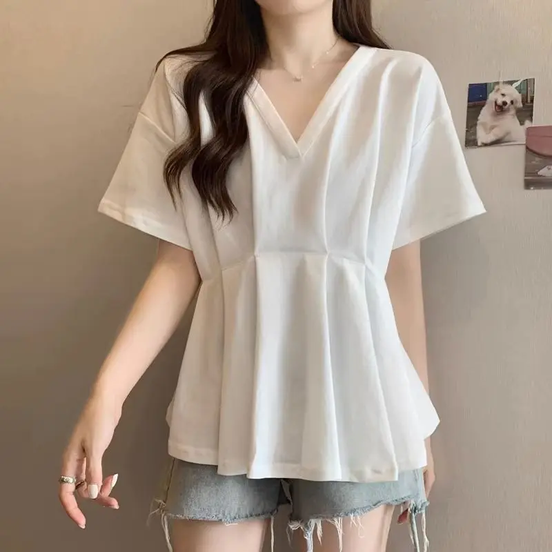 Plus size chiffon shirt summer French style V-neck pleated chic belly wrap short sleeve T-shirt top clothes