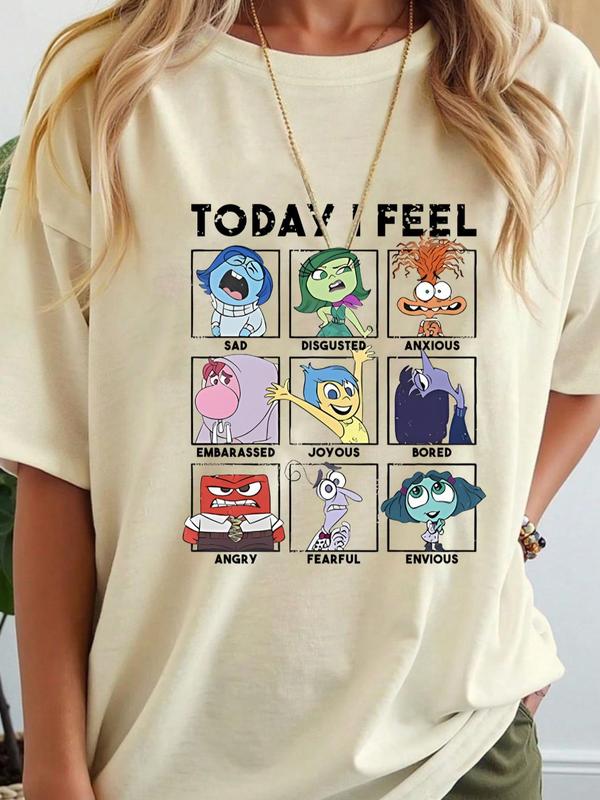 Cartoon Pattern Round Neck Graphic Tee, Casual Letter Print Short Sleeve T-shirt for Summer, Women's Top for Daily Wear 3