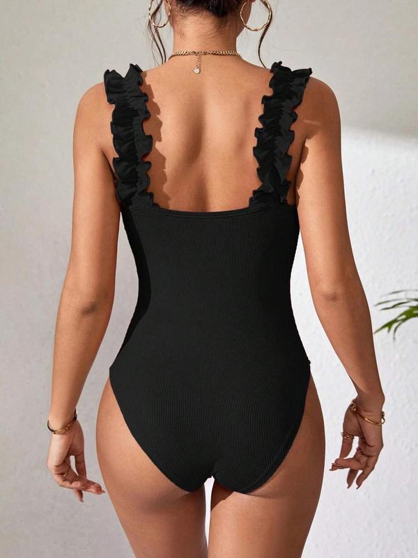 Women's Plain Frill Trim Square Neck Tank Bodysuit, Comfort Breathable Casual Sleeveless Bodysuit for Summer, Ladies Clothes for Daily Wear, Summer Clothes 1