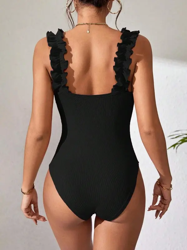 Women's Plain Frill Trim Square Neck Tank Bodysuit, Comfort Breathable Casual Sleeveless Bodysuit for Summer, Ladies Clothes for Daily Wear, Summer Clothes 1