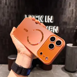 IPhone 17 Flowing Orange C-shaped Magnetic Casing Matte Colorful Phone Case Suitable for IPhone 17 Air 16 15 14 13 12 11 Pro Max Crystal Glass Lens Protection Cover PC Wireless Charging Magsafe Case