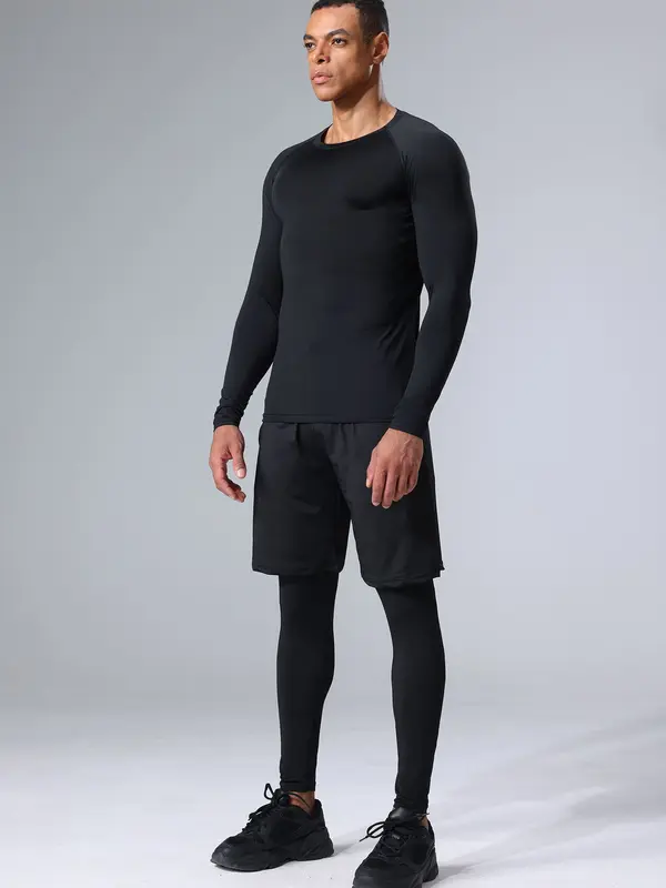 Men's Tracksuit Set, Long Sleeve T-shirt & Letter Tape Leggings & Drawstring Pocket Sports Shorts, Summer Sports Outfits Set for Men Golf 8