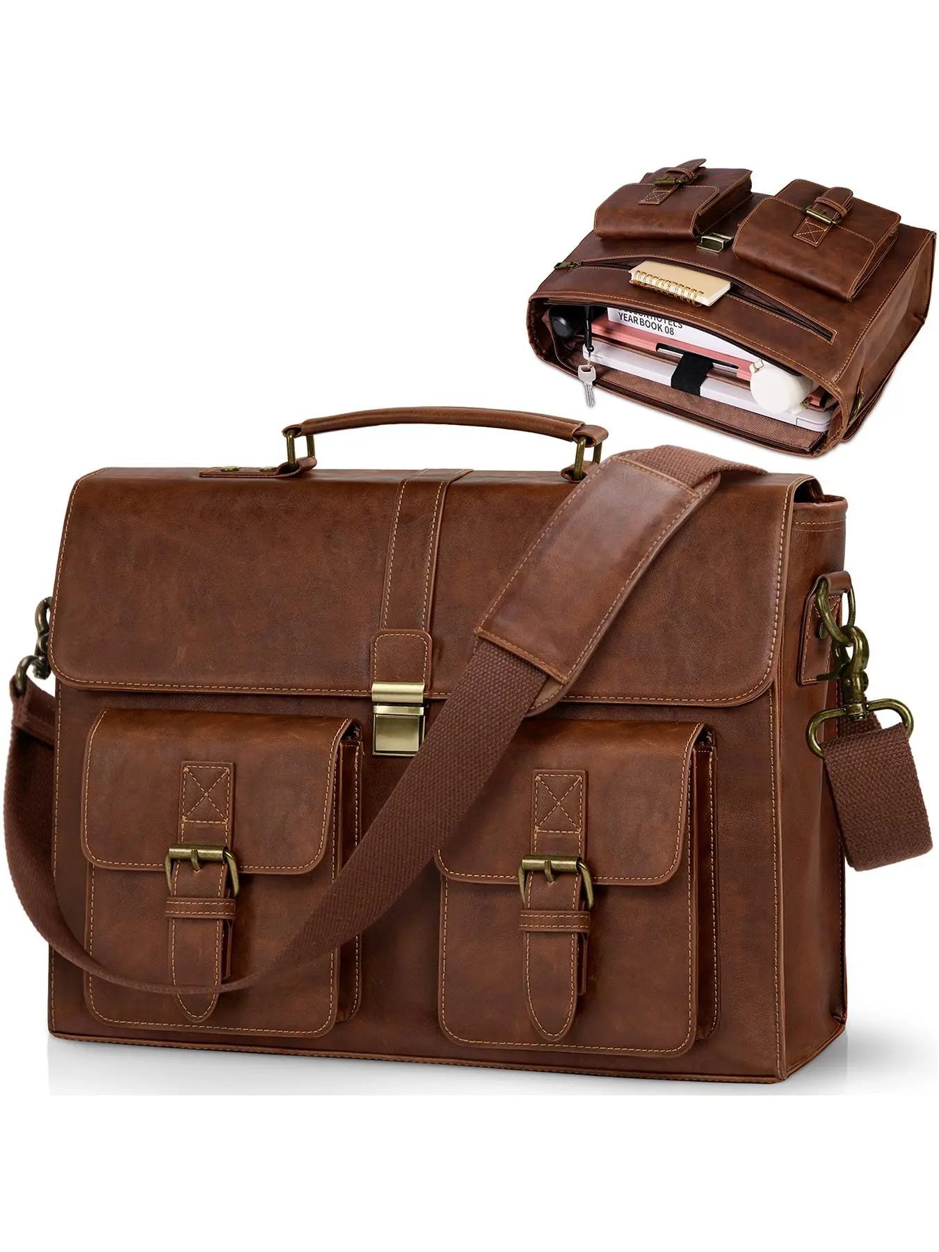 Men's Business Vintage PU Leather Briefcase, Large Capacity Shoulder Bag for Office Work Travel College, Waterproof Computer Laptop Bag, Leather Satchel Bag
