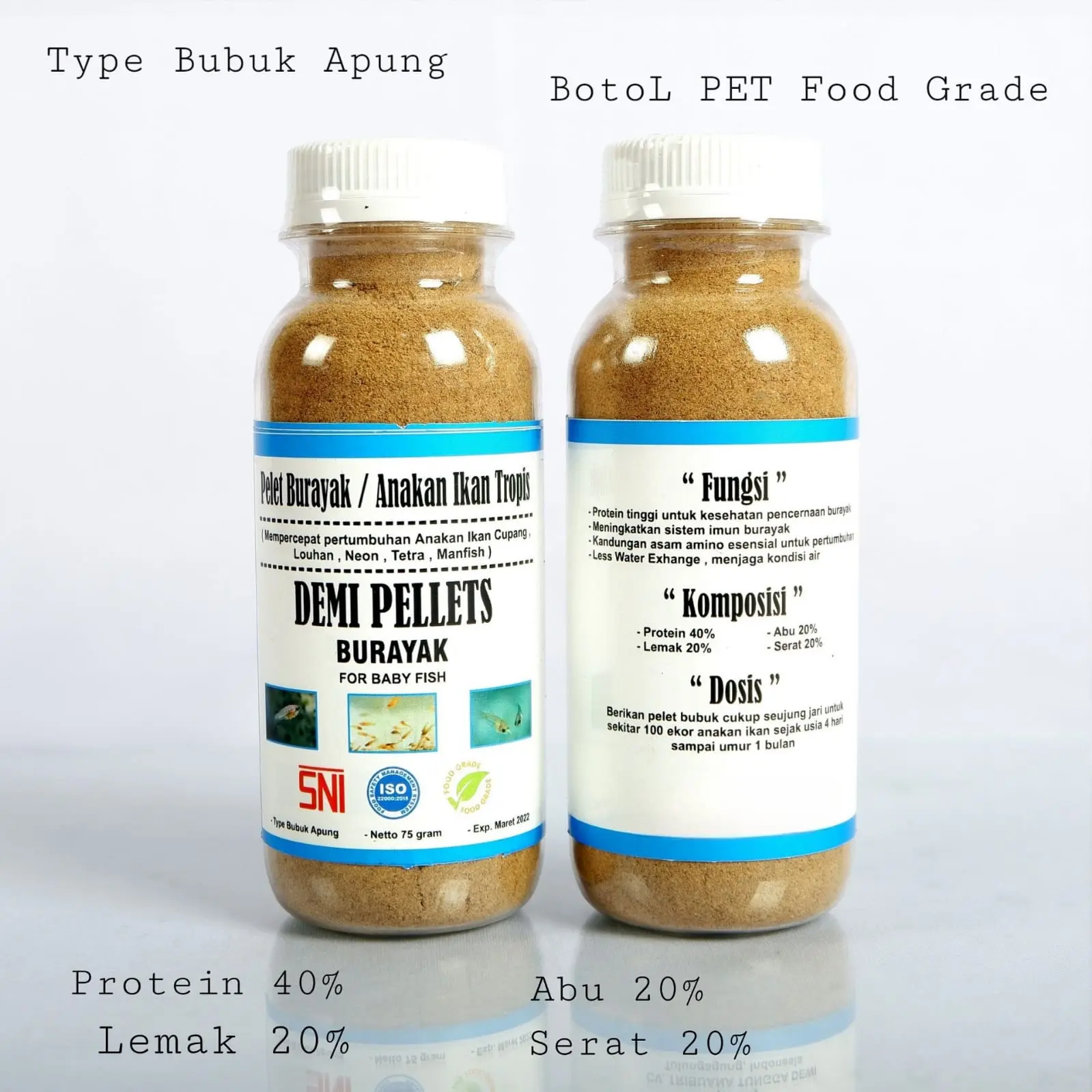 DEMIPELET BURAYAK BOTOL 75 Gram. Makanan Anakan ikan atau burayak