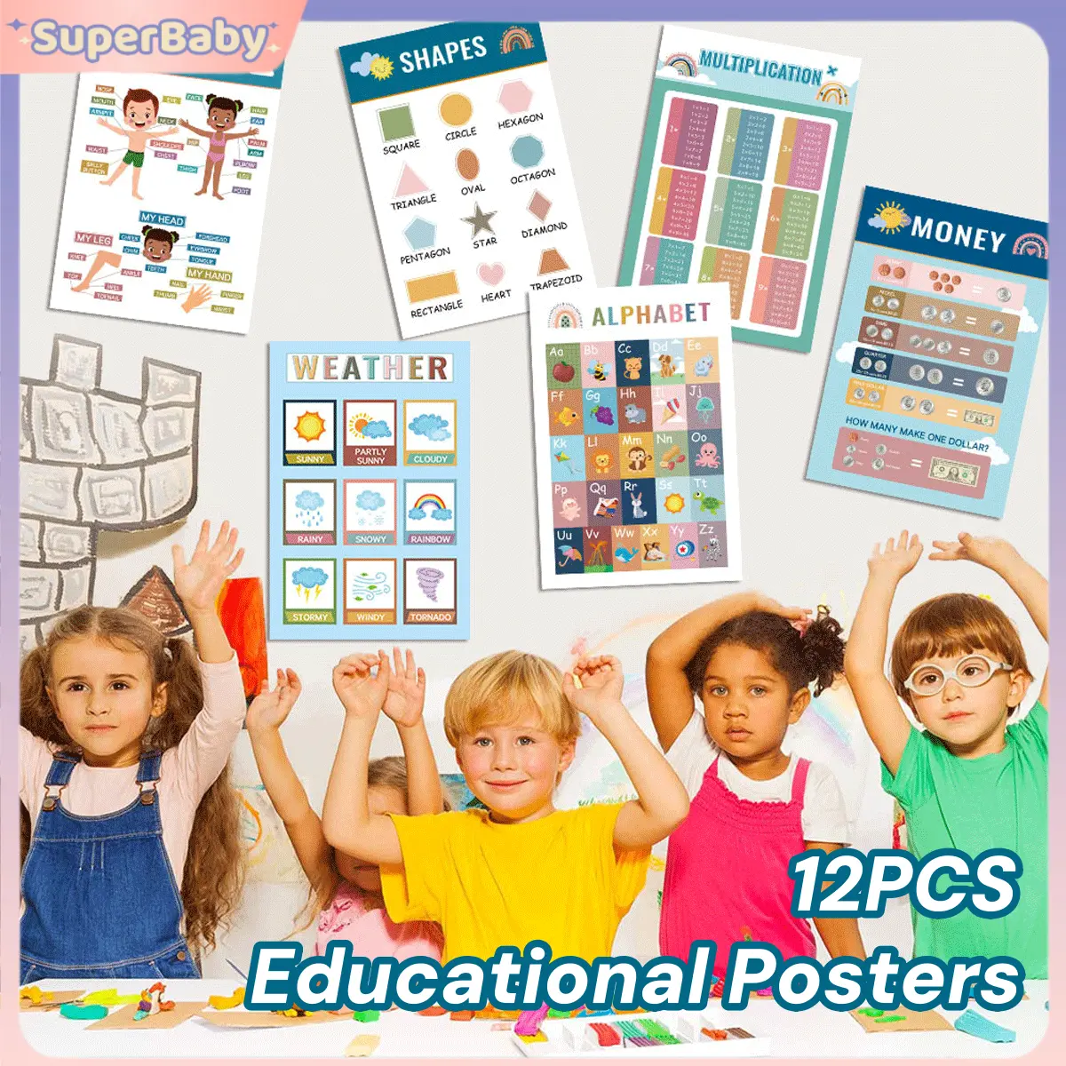12 Pcs Chart For Kid Educational Wall English Alphabet Numbers Chart Early Learning Chart For Baby Classroom Supplies Kids Playroom Decor