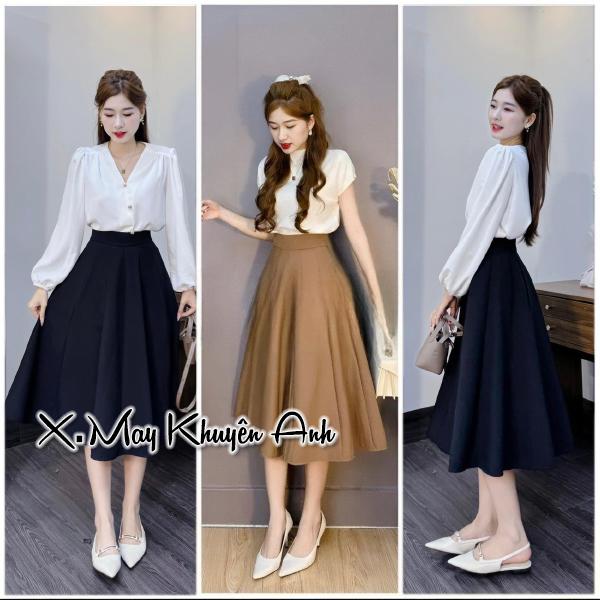 Chân váy xoè dáng dài có túi 12 thân mặc qua gối màu đen nâu Voi Nữ