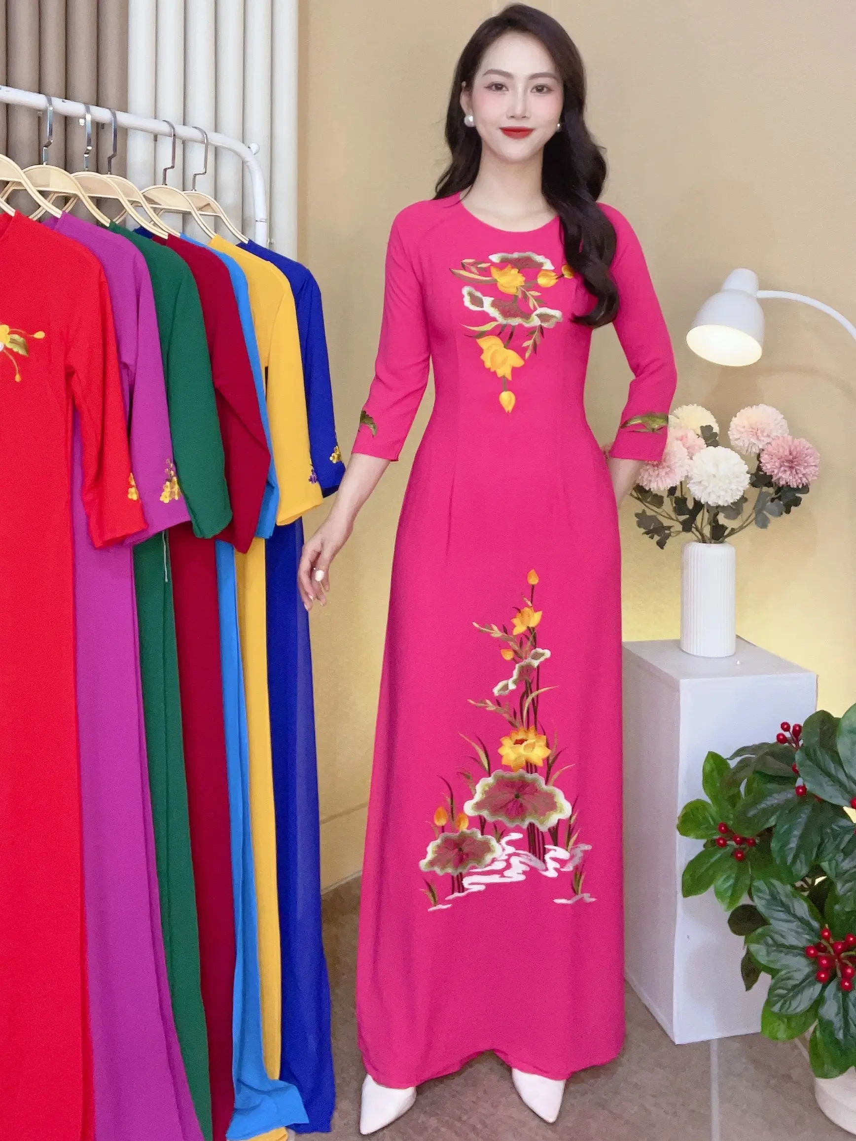T8 Bộ Áo Dài Hồng Sen Tằm Ý Thêu Cao Cấp kèm quần  (lẻ size) Nữ Women