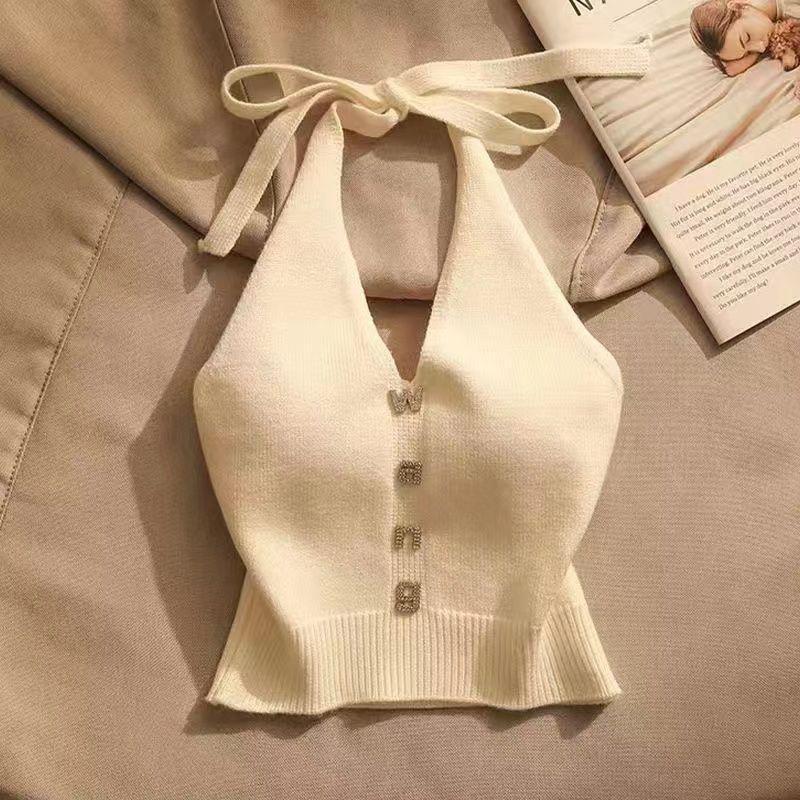 Áo Hai Dây Cổ Yếm Phong Cách Sexy, Dành Cho Nữ, Mặc Ngoài Trời, Lưng Đẹp, Trang Trí Kim Cương Giả, Cỡ Lớn, Áo Vest Dệt Kim Ngắn 0