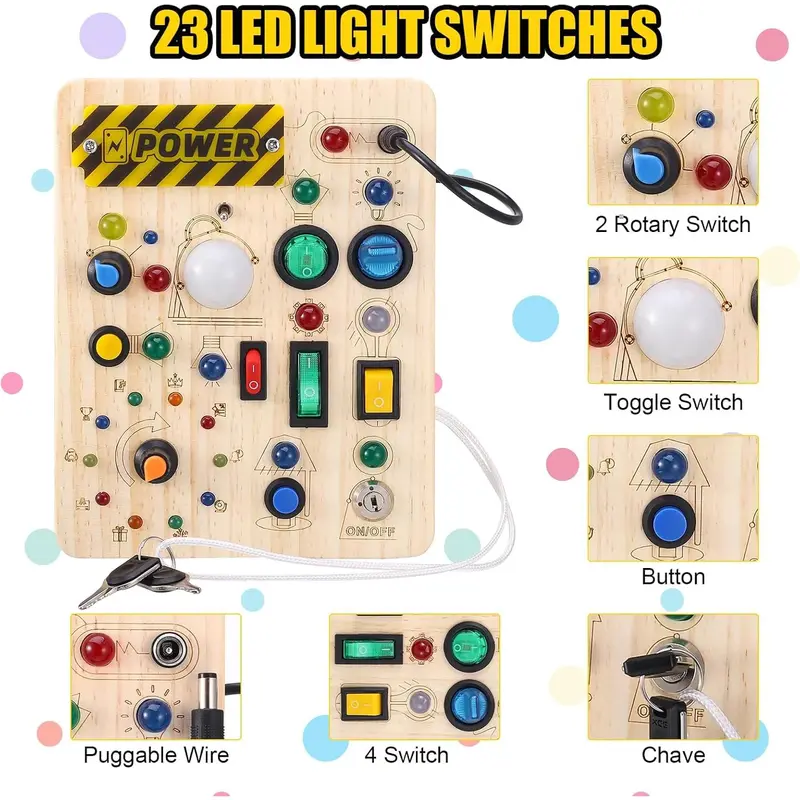 GSrenyu Busy Board for Toddlers, Sensory Board Toys Fidget Board with 23 LED Lights, Early Educational Learning Travel Toy Activity Board Wooden Toys for Boys Girls 2 3 4 Year Olds 2