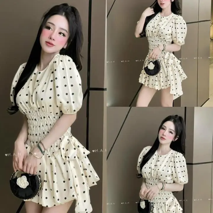 váy chấm bi nơ eo Dress Women Nữ
