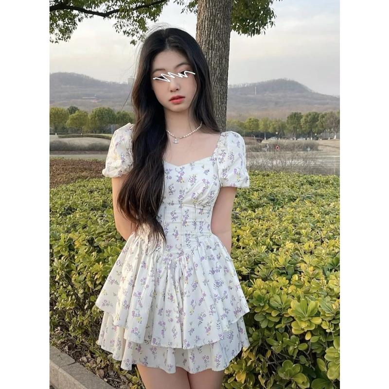 (Có Bigsize) Đầm Váy Hoa Tím Chít Li Eo Bèo Tầng Tay Ngắn