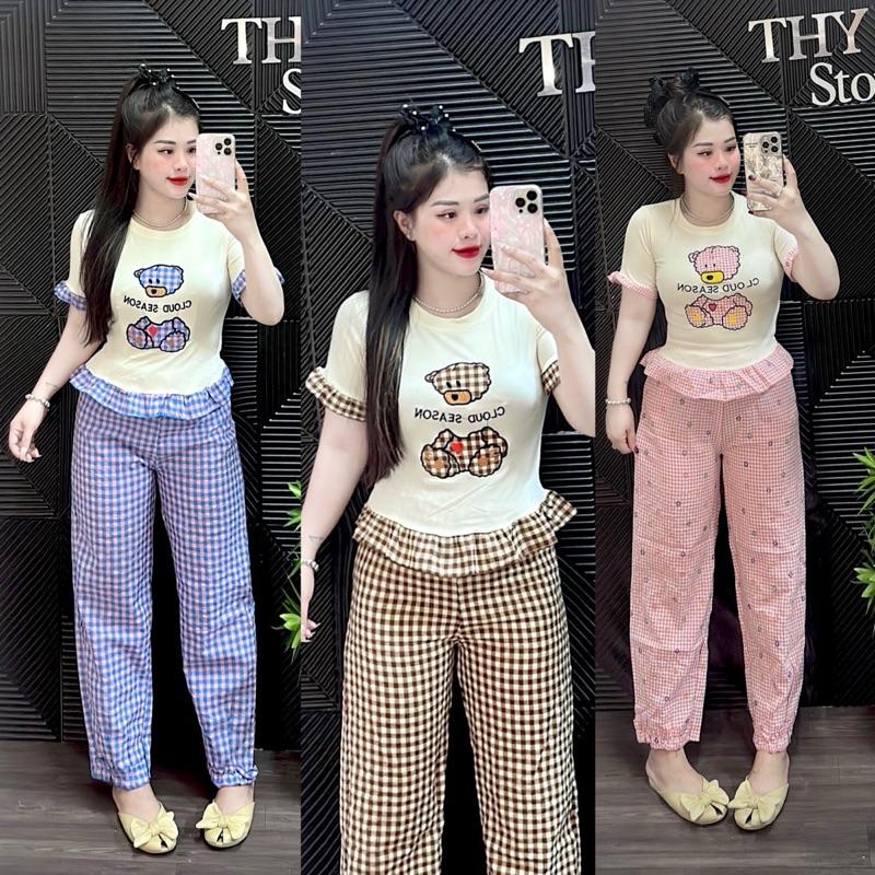Bộ áo thun tăm thêu hình gấu vạt may kiểu , quần đũi baggy caro trái tim Top Women Nữ set dothudong