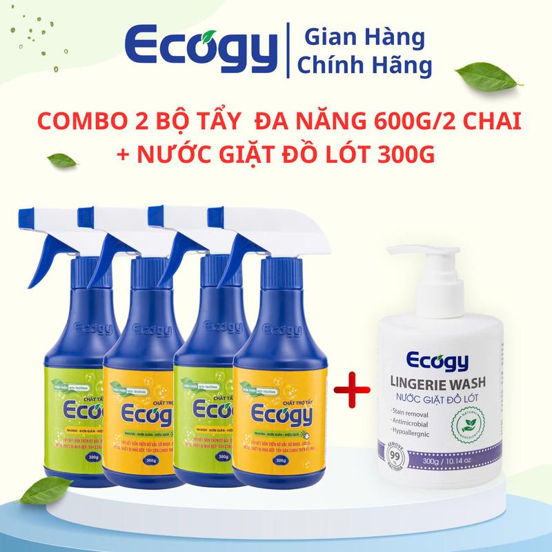 ECOGY ; COMBO 2 Bộ tẩy đa năng 600g 2chai + 1 chai Nước giặt đồ lót 300g; Hỗ trợ làm sạch mốc thâm kim vết trà cafe rượu vang vết dầu mỡ và vết cháy xoong nồi trên quần áo và các thiết bị nhà bếp nhà tắm; Sản phẩm dạng nước có vòi xịt