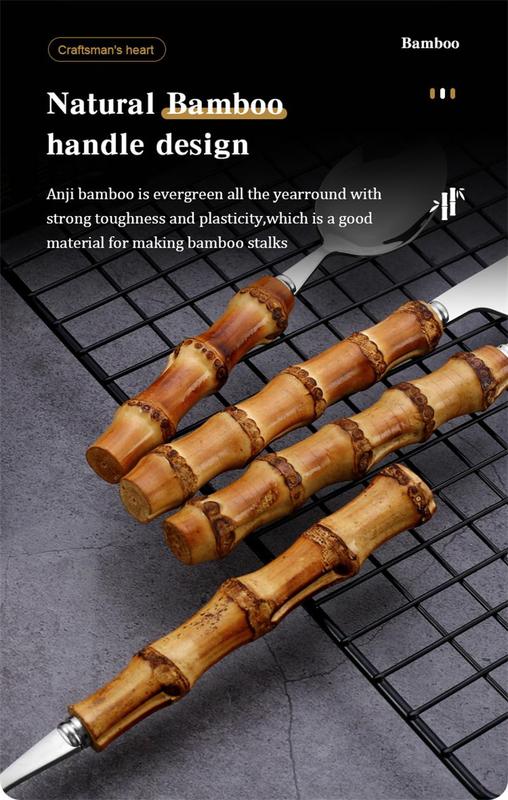 Product Introduction of 16/24PCS Creative Bamboo Handle Stainless Steel Tableware With Steak Knives Flatware Knives Set Includes Dessert Spoon Forks 19